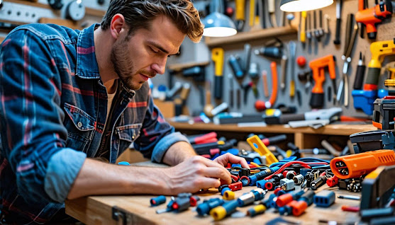 A man in his 30s examining electrical connectors in a cluttered workshop.