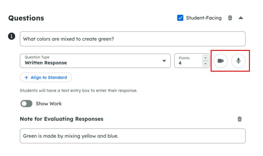 An assessment question about mixing colors to create green. Below the question text, camera and microphone icons are highlighted.