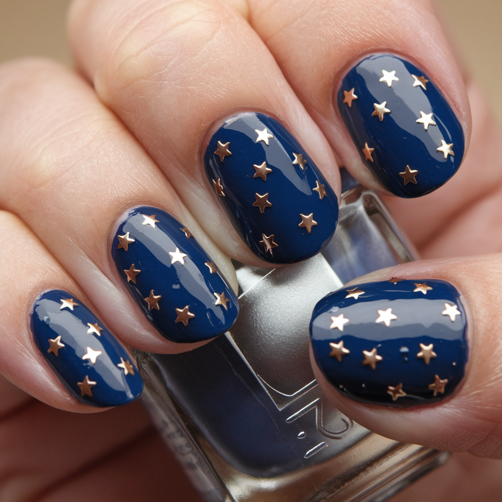 Unhas azuis com estrelas douradas, representando o brilho da noite de Natal.