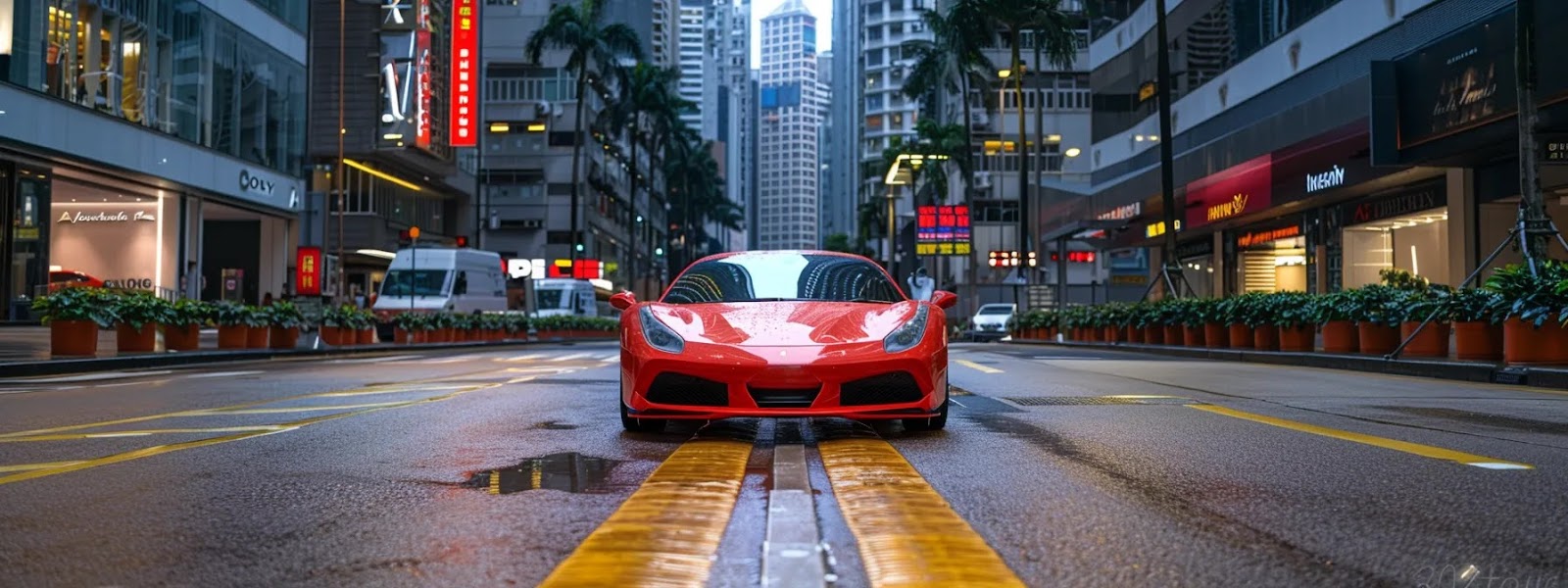 a red sports car parked in a city street, surrounded by modern skyscrapers and bustling traffic, representing the diverse factors influencing car insurance premiums.