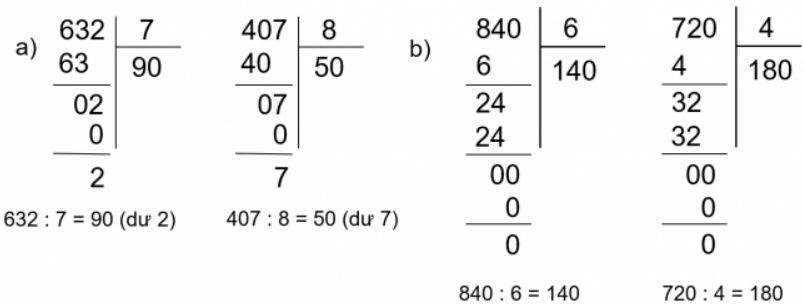 BÀI 48.CHIA SỐ CÓ BA CHỮ SỐ CHO SỐ CÓ MỘT CHỮ SỐTHỰC HÀNHBài 1: Đặt tính rồi tínha) 632 : 7                                                 b) 840 : 6   407 : 8                                                       720 : 4Giải nhanh:Bài 2: Tính (theo mẫu).a) 816 : 8       b) 620 : 6Giải nhanh:816 : 8 = 102    620 : 6 = 103 ( dư 2)LUYỆN TẬPBài 1: Tính nhẩma) 210 : 7                                         b) 540 : 9                         c) 360 : 6   100 x 9                                             800 x 0                             480 : 8Giải nhanh:a) 30                                b) 60                   c)  60   900                                    0                         60Bài 2: Số?a) .?. dm = 1 m                       b) .?. cm = 1m                 c) 1 giờ = .?. phút   320 dm = .?. m                        700 cm = .?. m                5 giờ = .?. phútGiải nhanh:a) 10 dm = 1 m                       b) 100 cm = 1m                 c) 1 giờ = 60 phút   320 dm = 32 m                        700 cm = 7 m                     5 giờ = 300 phútBài 3: Hoàn thành các câu nói sau.Bạn Bình vẽ tranh trong 45 phút. Bạn An vẽ tranh trong 1 giờ.a) Bạn .?. vẽ lâu hơn bạn .?. là .?. phút.b) Bạn .?. vẽ nhanh hơn bạn .?. là .?. phút.Giải nhanh:a) Bạn An vẽ lâu hơn bạn Bình là 15 phút.b) Bạn Bình vẽ nhanh hơn bạn An là 15 phút.Bài 4: Tính rồi cho biết phép chia nào dưới đây có thương là số tròn chục. a) 720 : 7                     b) 633 : 9                    c) 804 : 5    881 : 8                         180 : 6                         196 : 4Giải nhanh:a) 720 : 7 = 102 (dư 6)             b) 633 : 9 = 70 (dư 3)             c) 804 : 5 = 160 (dư 4)    881 : 8 = 110 (dư 1)                 180 : 6 = 30                             196 : 4 = 49Phép chia có thương là số tròn chục là: 633 : 9 ; 804 : 5 ; 881 : 8 và 180 : 6Bài 5: Tính a) (815 – 234) : 7                                b) 109 x 9 + 18c) 190 x 0 : 8                                       d) 444 : (3 x 2)Giải nhanh:a) 83                              b) 999c) 0                                d) 74Bài 6: Để trang trí các hộp quà, Ngọc cắt 6 m dây thành 8 sợi dây có độ dài bằng nhau. Hỏi mỗi sợi dây dài bao nhiêu xăng-ti-mét?Giải nhanh:Đổi 6 m = 600 cm.Mỗi sợi dây dài: 600 : 8 = 75 cm.Bài 7: Ông Bảy thả đều 188 con cá vào 5 bể cá. Số cá còn dư, ông thả luôn vào bể cuối cùng. Hỏi bể cuối cùng có bao nhiêu con cá?Giải nhanh:Ta có: 188 : 5 = 37 (dư 3)Bể cuối cùng có: 37+ 3= 40 con cá.VUI HỌCGiúp Mai và Bình tìm ba lô.Giải nhanh:                 Ba lô của Mai là ba lô xanh lá.Ba lô của Bình là ba lô màu vàng đỏ.KHÁM PHÁ