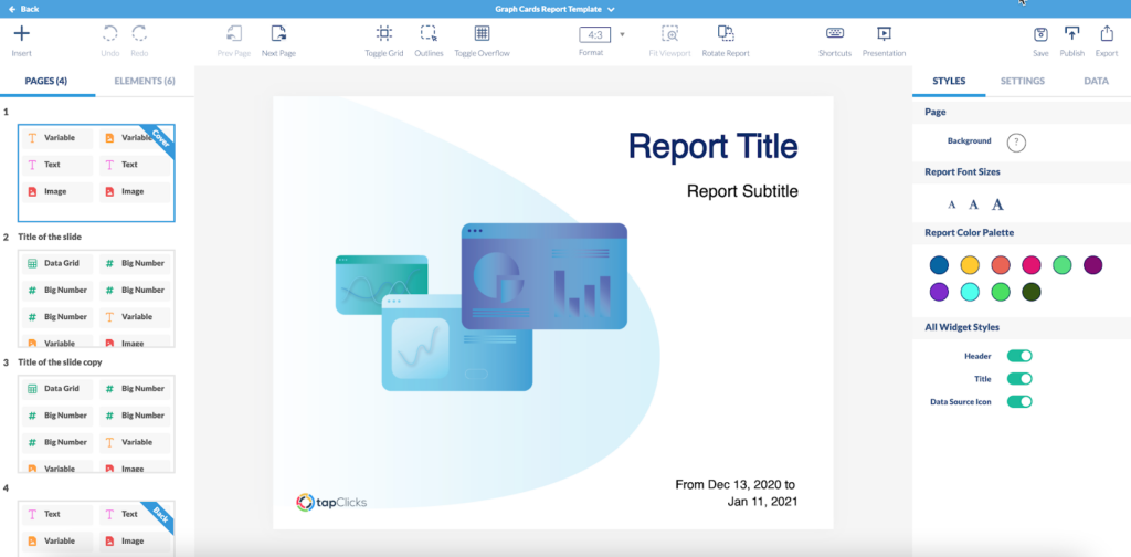 TapClicks Report Studio showing a customizable white label report with widgets, graphs, and editable templates for detailed information presentation.