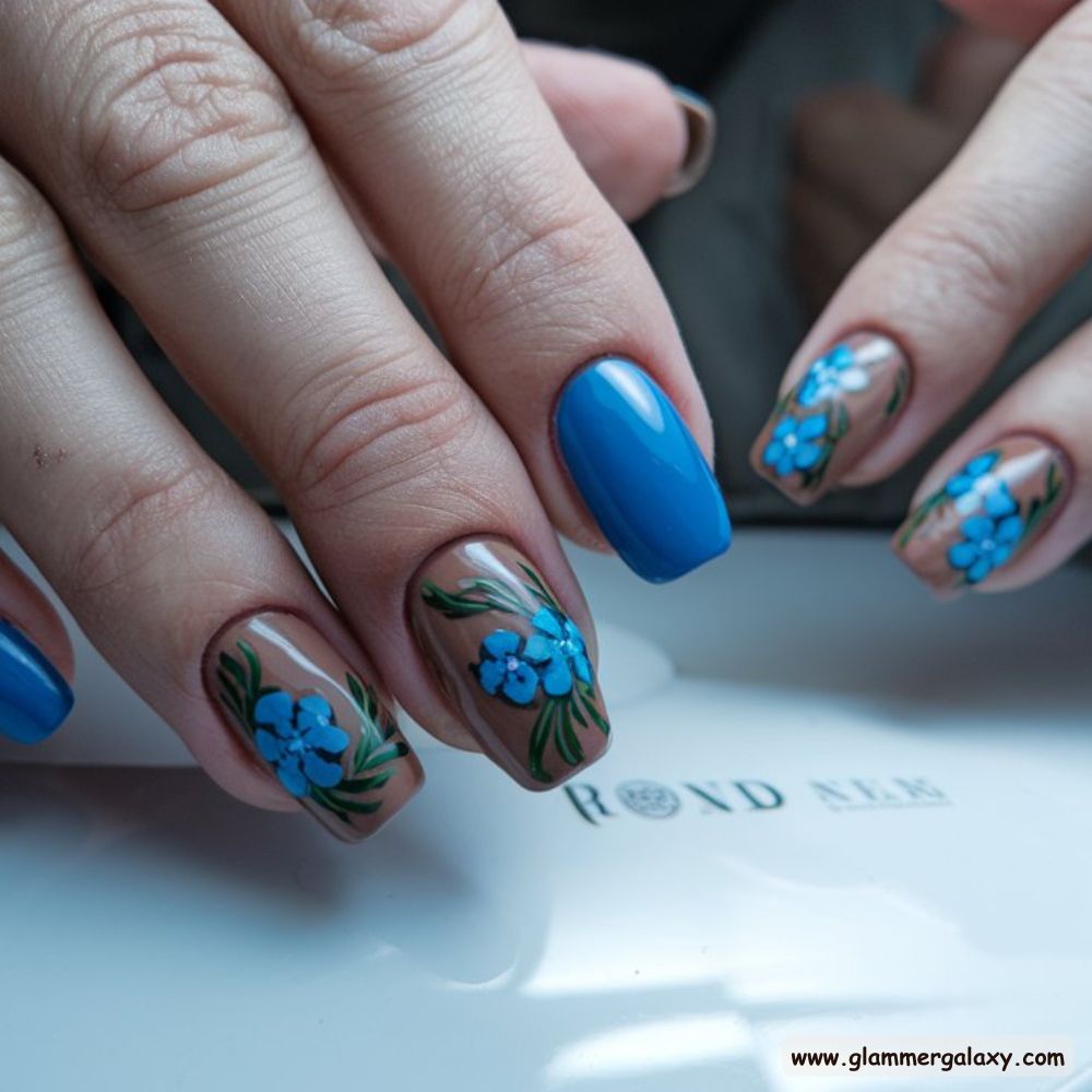 Blue and Brown Nails with Botanical Floral Designs