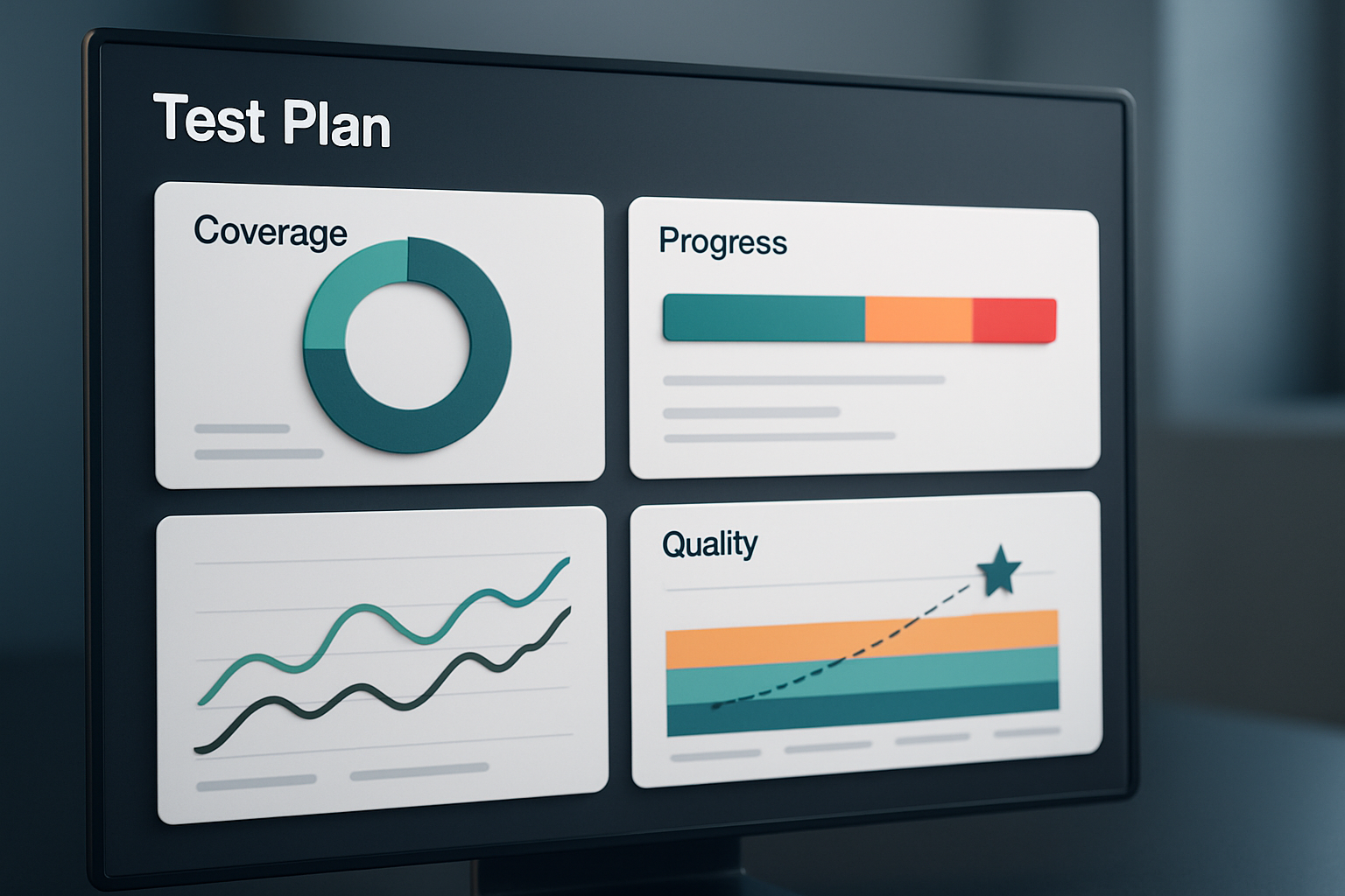 Modern analytics dashboard displaying various test plan metrics and quality indicators