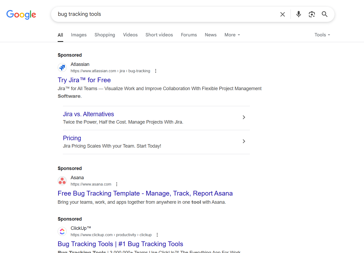 Screenshot of Google sponsored search results for bug tracking tools