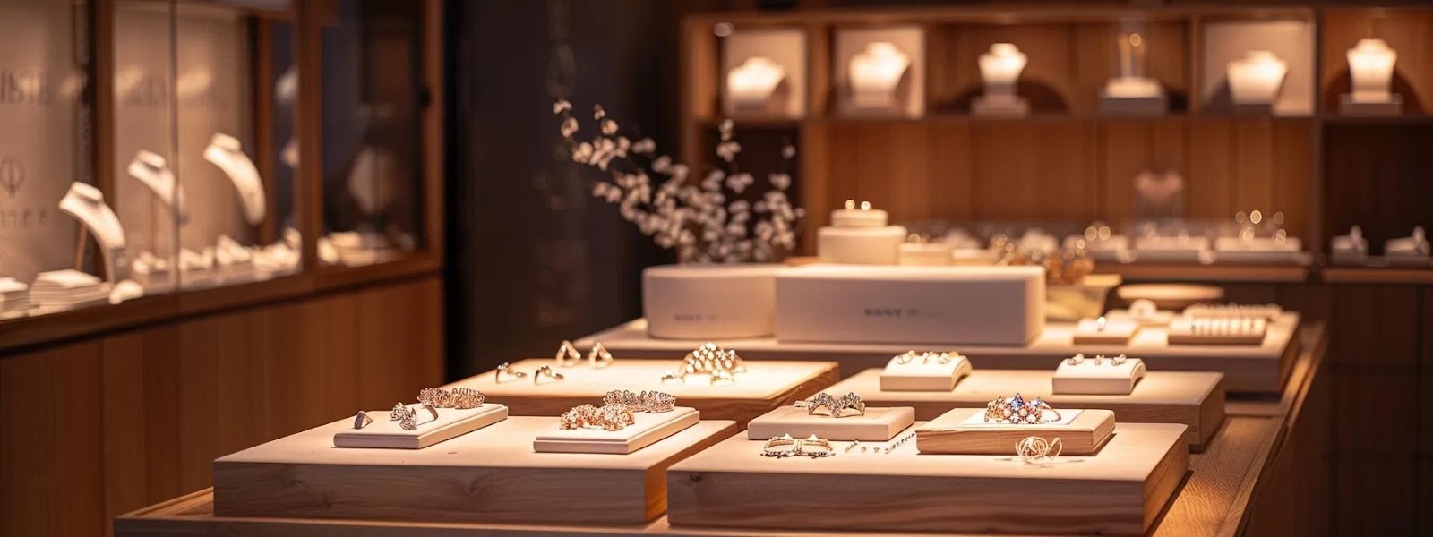 a beautifully arranged collection of personalized jewelry pieces displaying intricate designs and heartfelt messages on a sleek wooden display in an elegant, softly-lit jewelry studio.