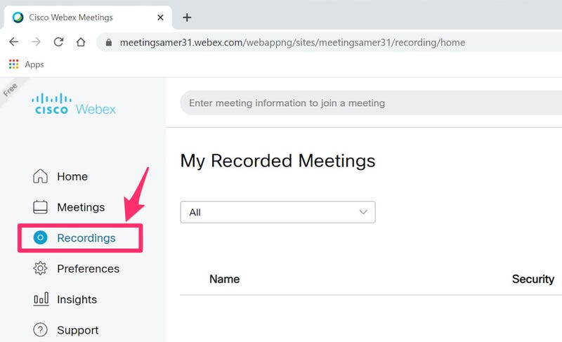 Webex dashboard showing how to access Webex recording on cloud