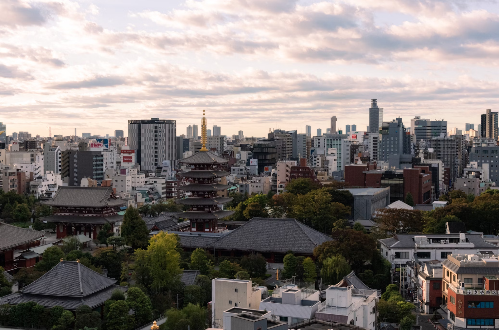 The skyline of Asakusa, including the iconic Sensoji Temple.