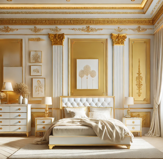 Luxurious bedroom with golden and white tones, offering a regal and bright ambiance.
