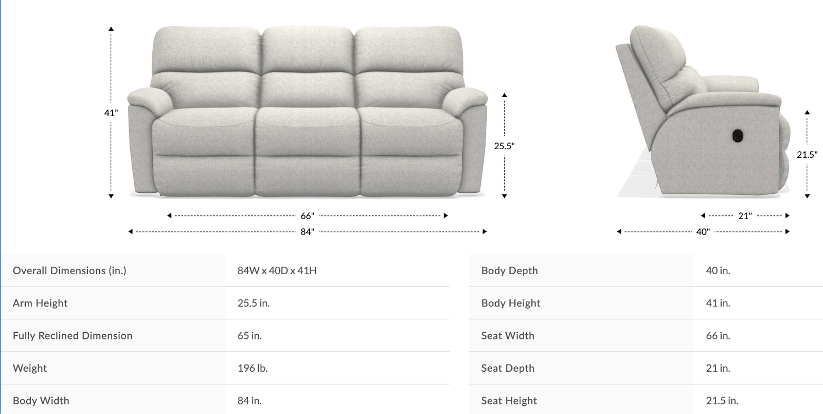 brooks reclining sofa size & dimensions