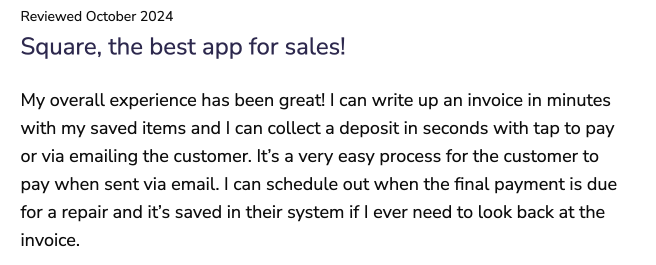 Picture showing a screenshots of a positive Square POS Customer review. 