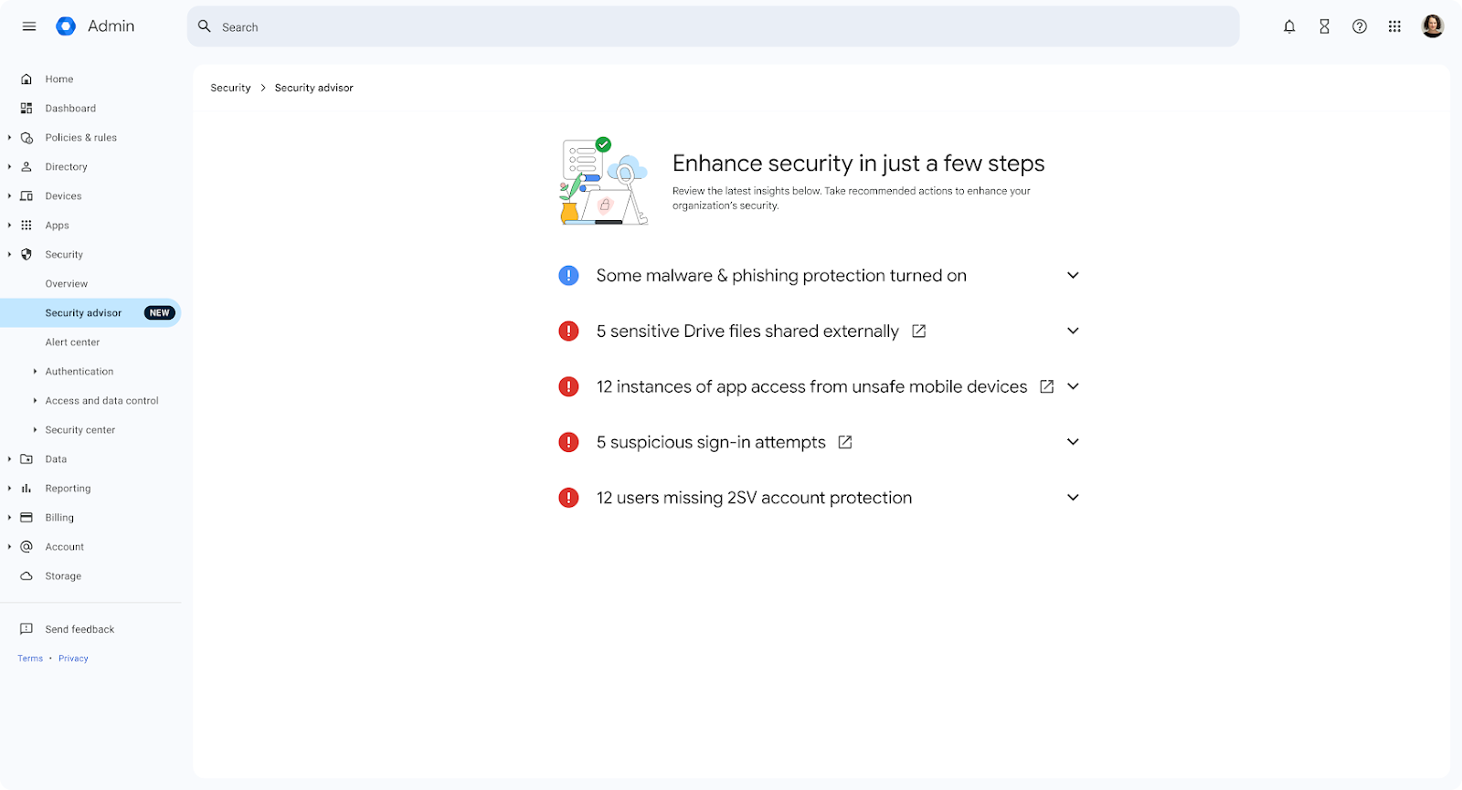 Security advisor in Google Workspace showing the administrators next actions to enhance security.