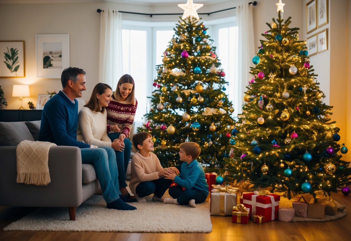 A cozy living room with a family gathered around a beautifully decorated Christmas tree, adorned with twinkling lights, colorful ornaments, and a shining star topper