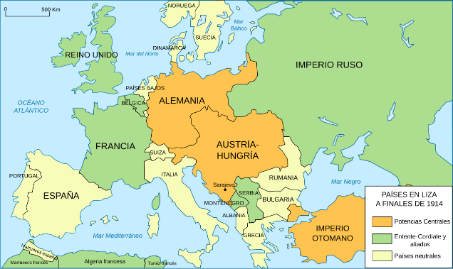 Mapa de las alianzas militares de Eruopa en 1914