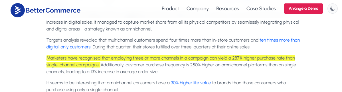 Screenshot that illustrates 287% higher purchase rate via multi-chanel marketing