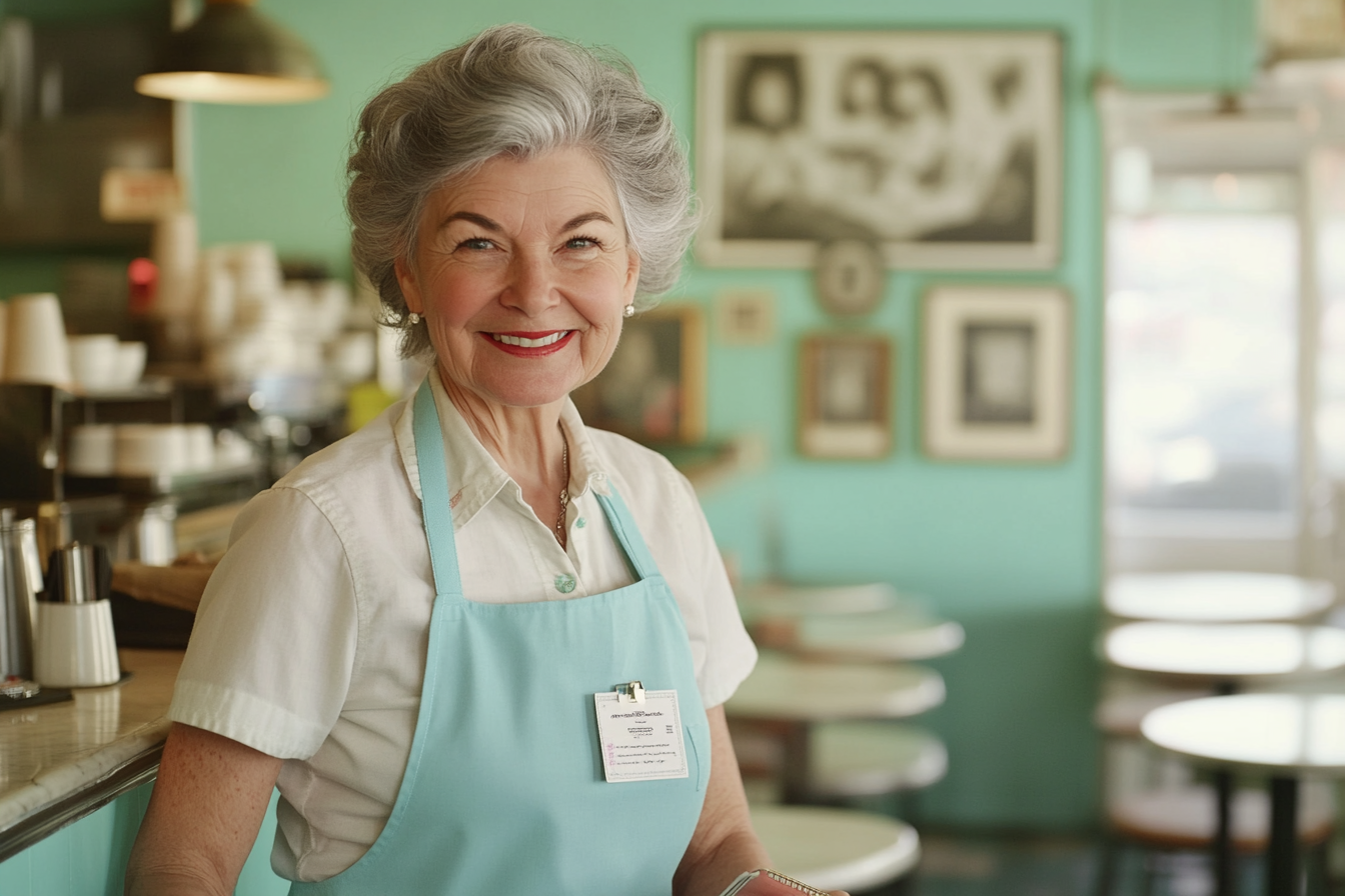 Woman in her 50s wearing a waitress uniform in a café smiling and holding a notepad | Source: Midjourney