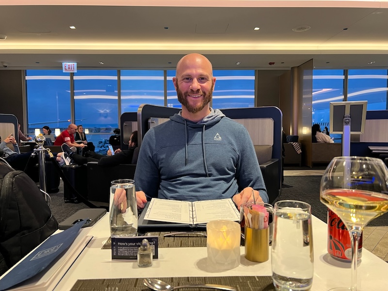 Sitting at the restaurant inside the United Polaris lounge in Chicago. 