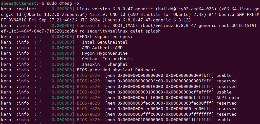 dmesg with x option