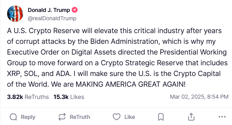 Trump Announces Crypto Reserve – Source: Truthsocial