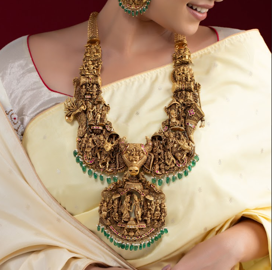 Lord Shiva Parvati Gold Necklace with Emerald Bead Drops | CKC Jewellery Shop