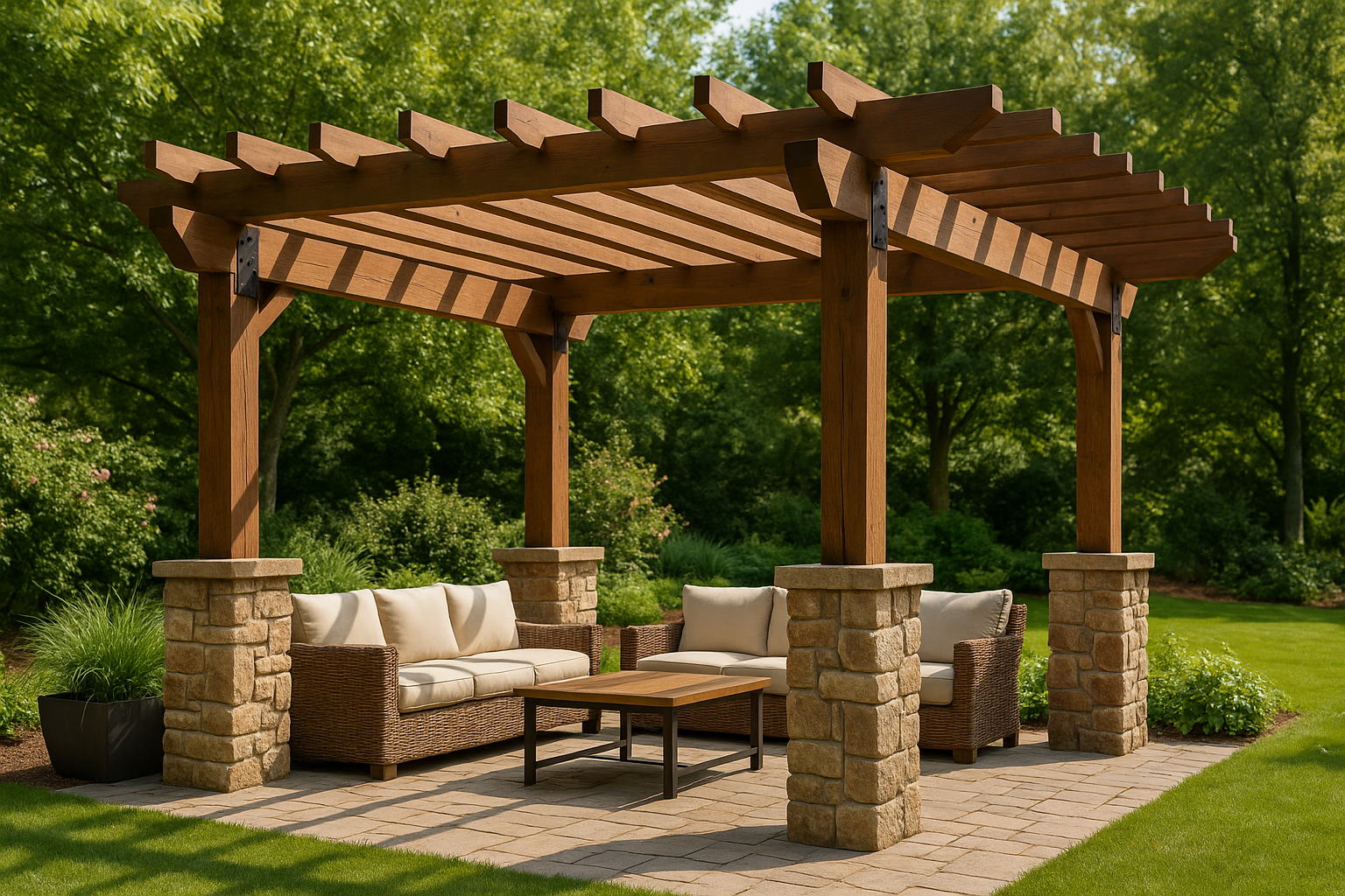 Outdoor pergola made from stone, wood, and metal showcasing natural textures.