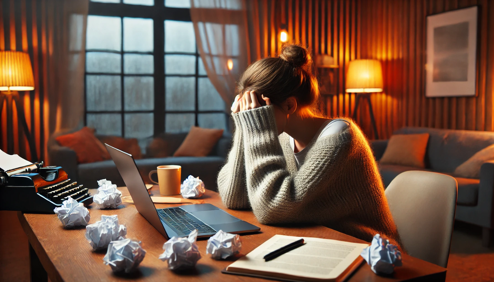 Frustrated woman at a desk, surrounded by crumpled paper and a laptop