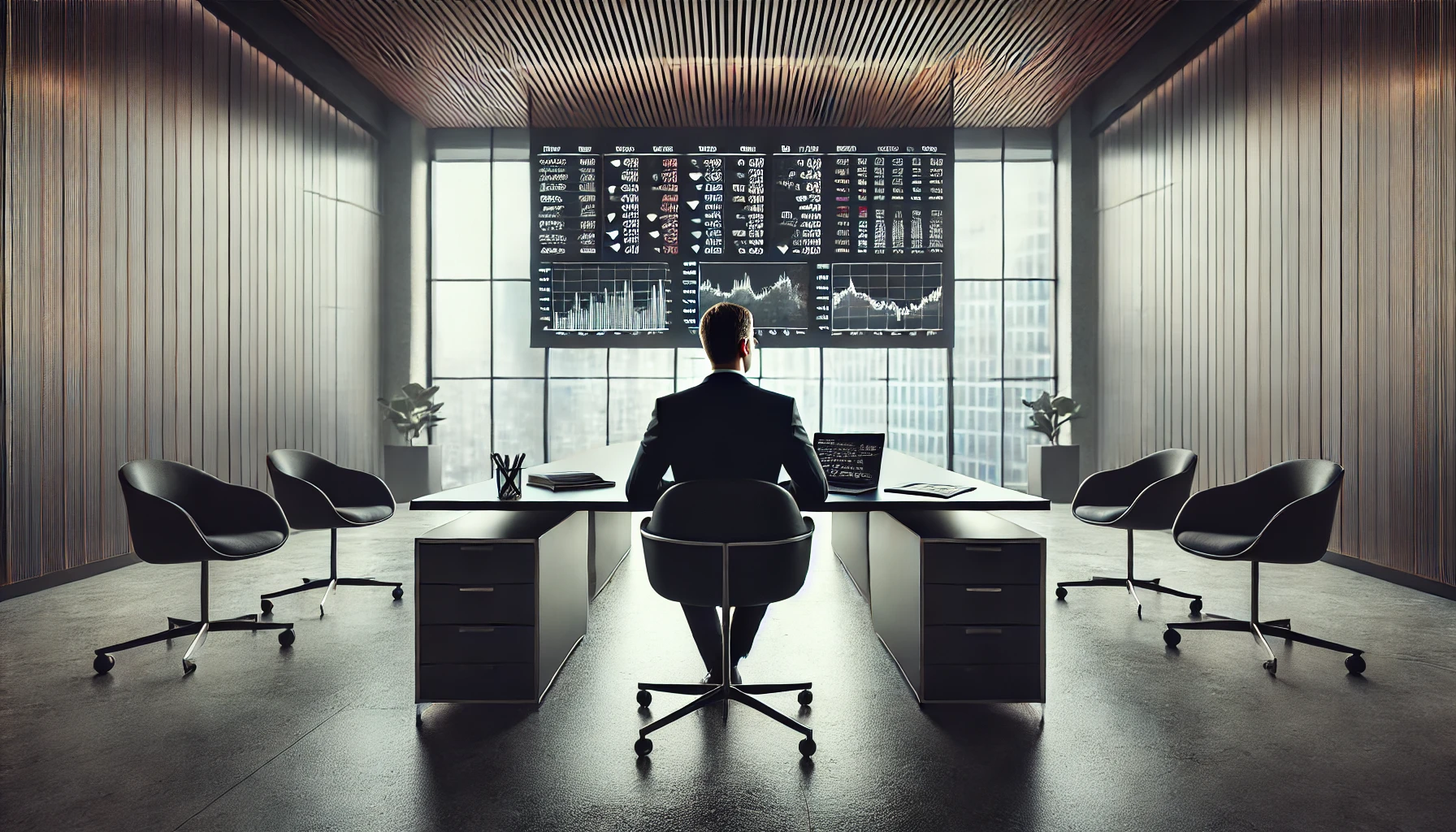 Businessman in a suit analyzing stock market data in an office – professional stock trading and investment strategy.