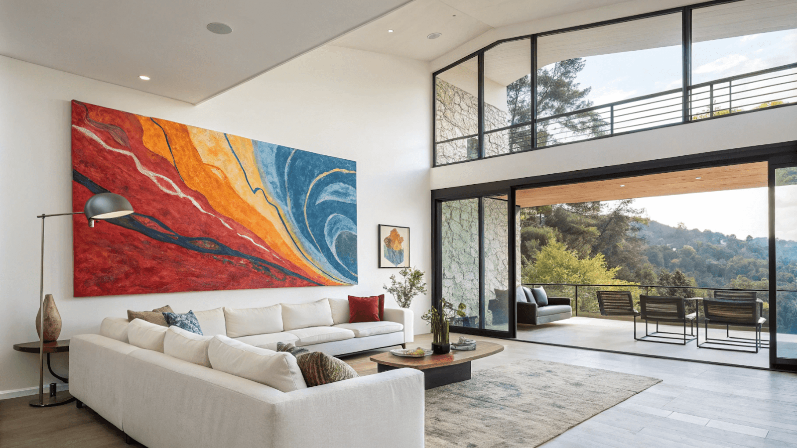 A modern living room featuring an oversized abstract canvas print in bold colors