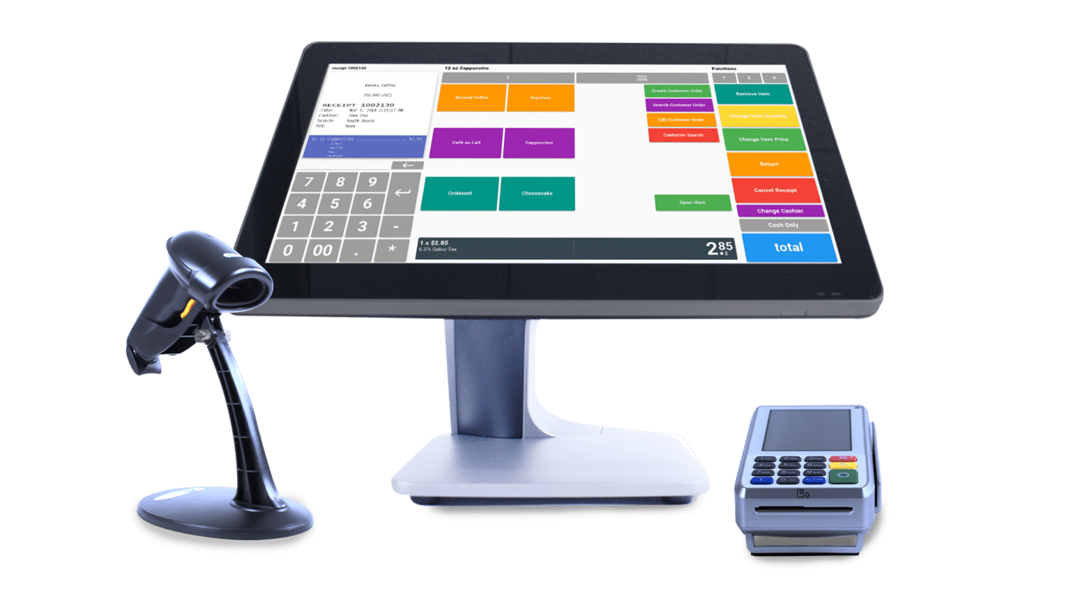 KORONA POS hardware with a desktop terminal, scanner, and credit card terminal