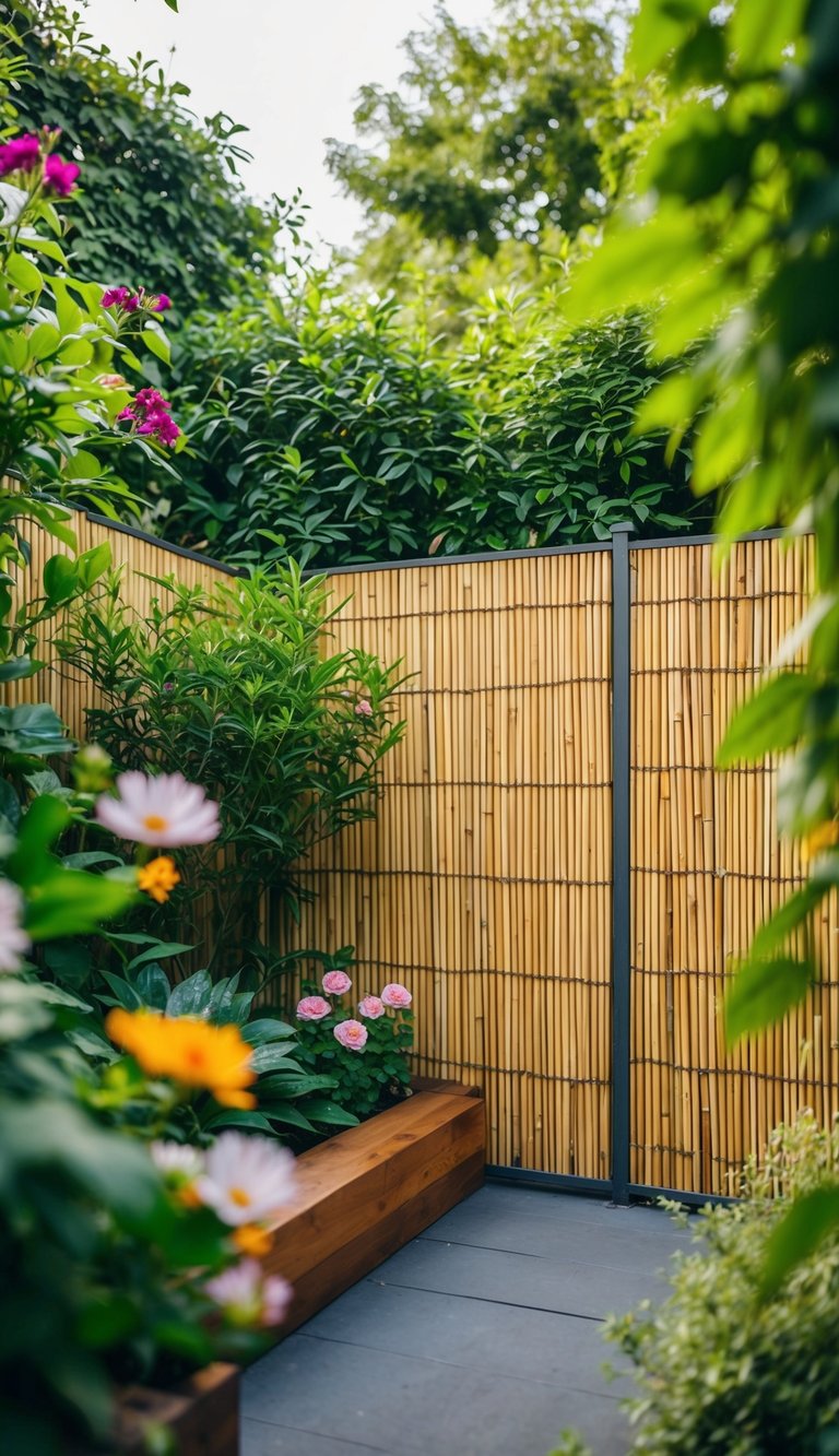 A tranquil garden corner with a bamboo privacy screen, surrounded by lush greenery and flowers