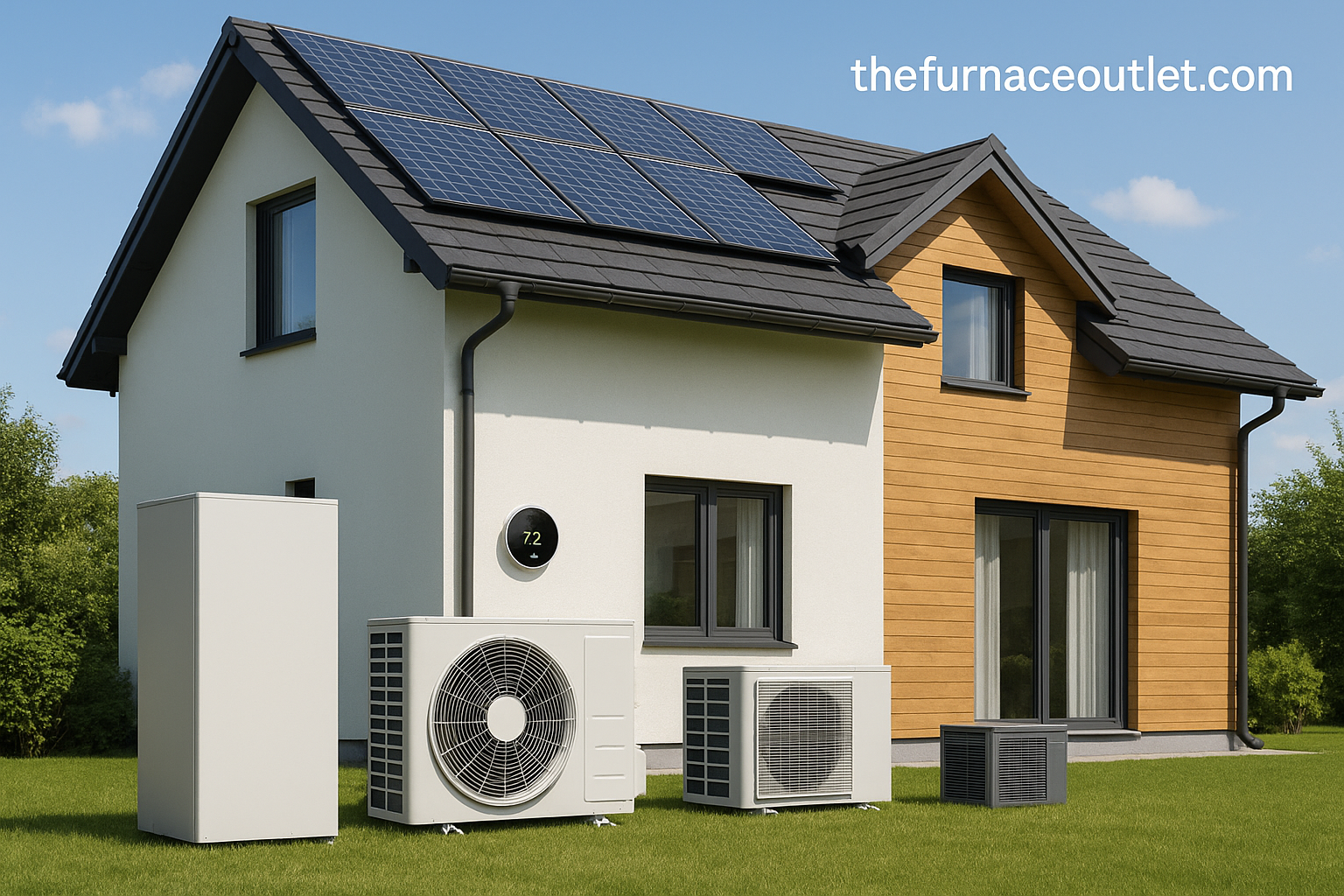 A high-resolution digital photograph showcases a modern two-story home with rooftop solar panels, featuring multiple heat pump units and a smart thermostat on the lawn, highlighting efficient, all-electric HVAC solutions under The Furnace Outlet branding