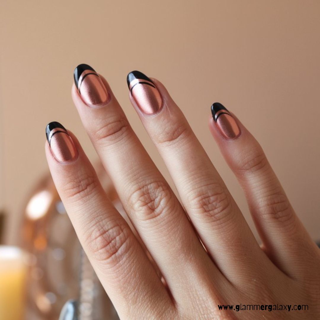 Black and Rose Gold Nail Designs having Black French Tips with Rose Gold Base