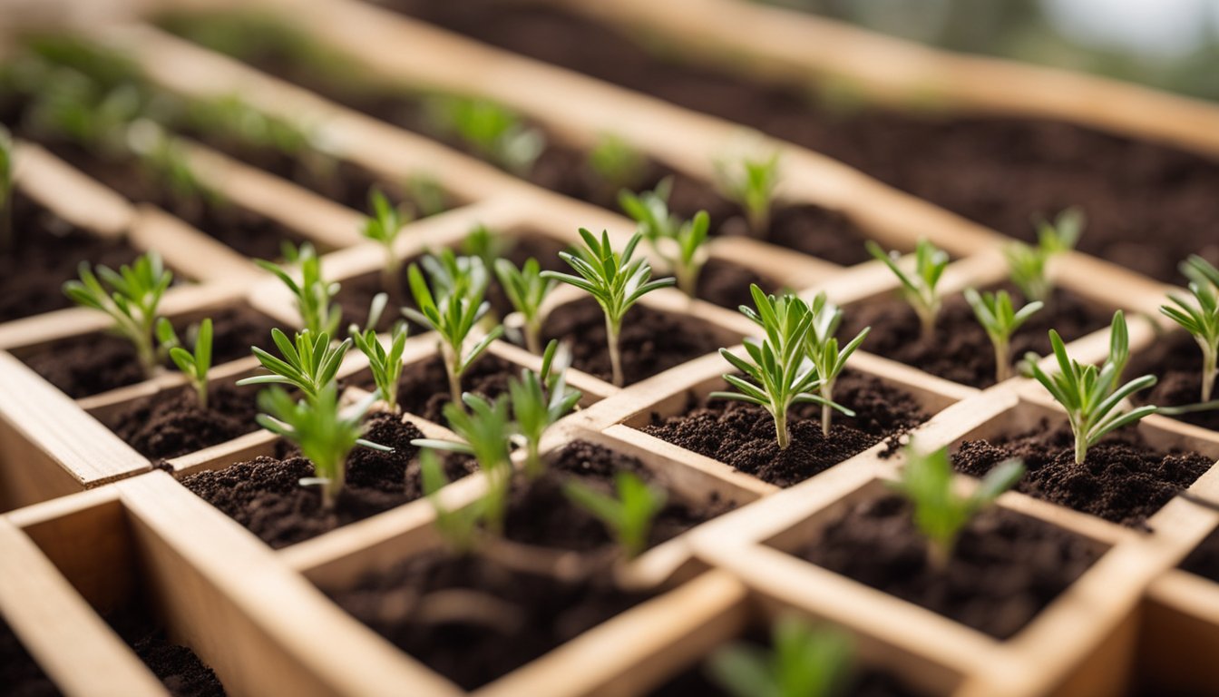 Multiple rosemary seedlings emerge in neat rows in a wooden seed tray, tiny green shoots against rich brown soil