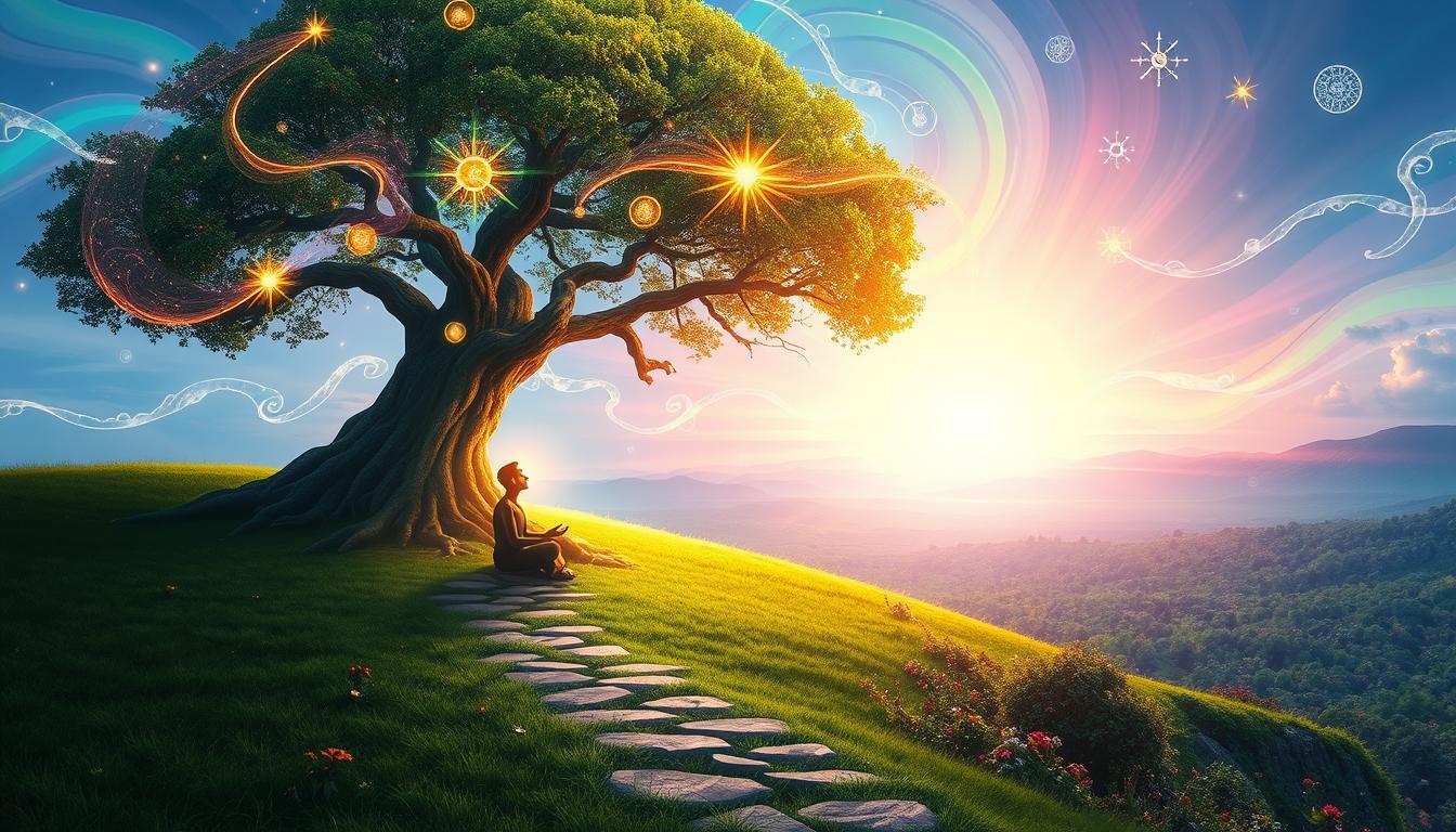 A serene landscape depicting the manifestation process, featuring a figure meditating under a large tree with glowing roots, surrounded by swirling colors of light representing thoughts and intentions, with ethereal symbols of abundance and success floating in the air, and a path leading toward a radiant horizon filled with lush greenery and vibrant flowers.