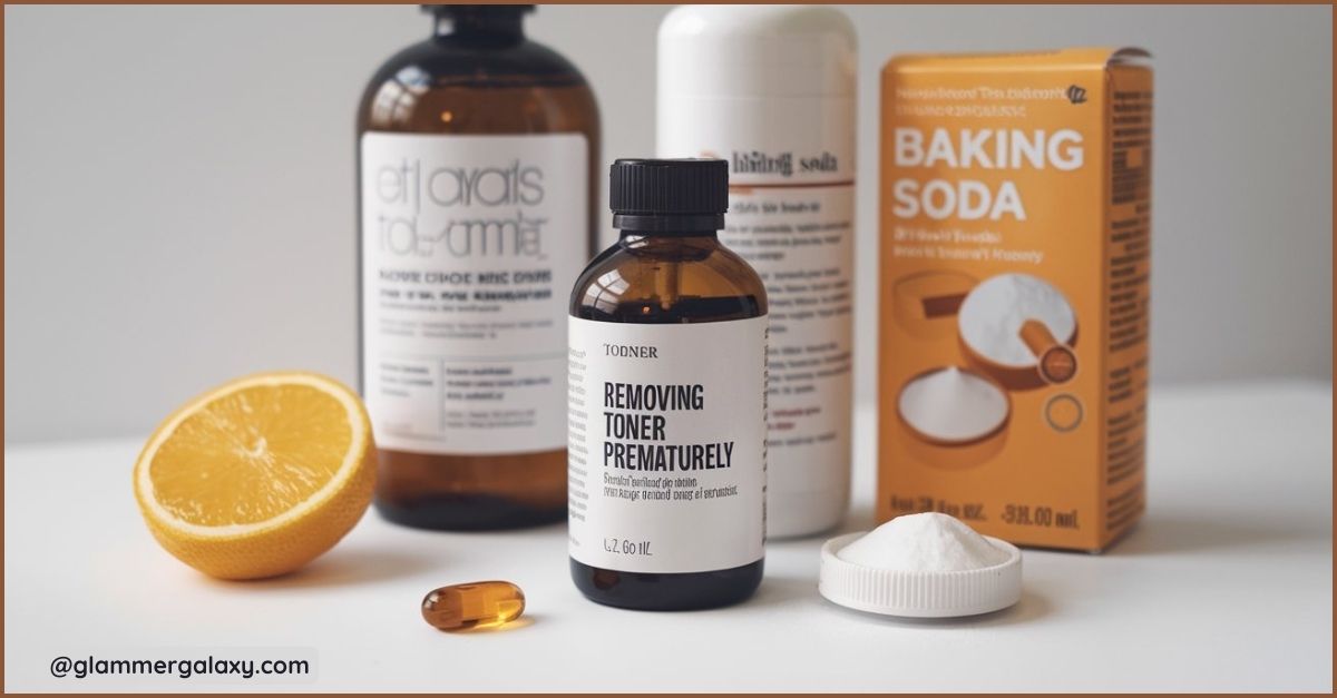 Skincare products with orange slice and spoonful of powder on neutral background, emphasizing natural beauty ingredients.