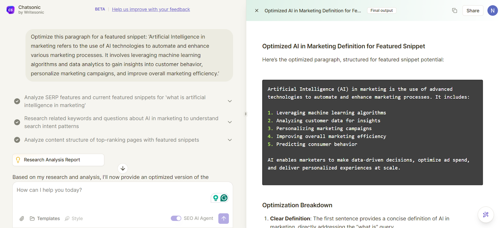 Chatsonic optimizes the content using NLP.