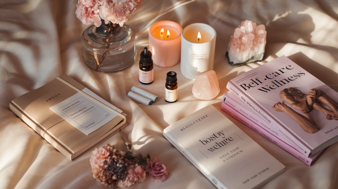 Create a realistic image of an elegant display of wellness items on a soft white bedspread, featuring a journal, scented candles, essential oils, a rose quartz crystal, and self-care books with titles about body positivity and sexual wellness, all bathed in warm, natural lighting creating a comfortable, shame-free atmosphere.