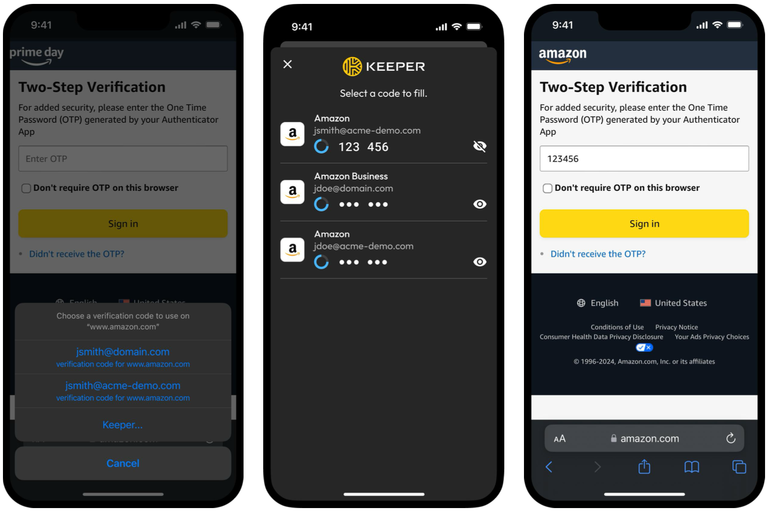 Capturas de tela mostrando a nova atualização do Keeper para iOS com preenchimento automático via TOTP.