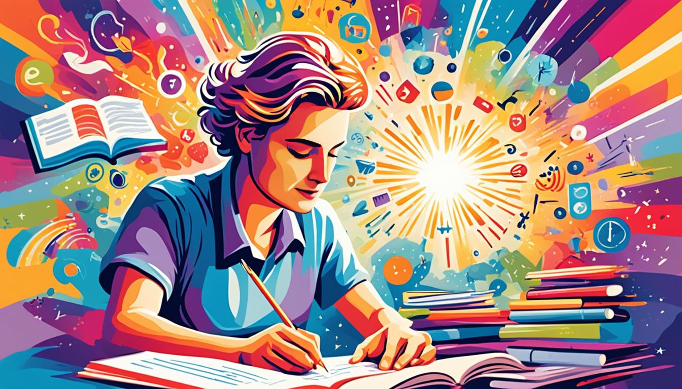 An image of a person sitting at a desk, surrounded by vibrant colors and symbols that represent their dreams and desires. The person is writing in a journal using present-tense language, with a focused and determined expression on their face. There are rays of light emanating from the journal, indicating that the act of writing down their dreams is bringing them closer to manifestation. In the background, there are images of things they want to manifest, such as a dream house, a successful career, and a happy relationship. The overall feeling of the image should be one of positivity and empowerment.