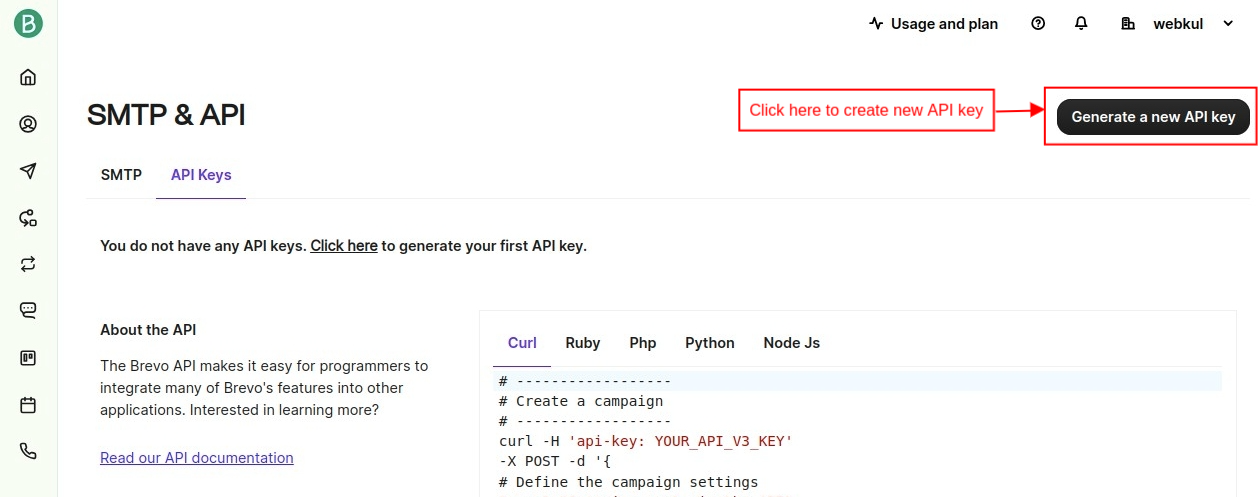 SendinBlue create new API key