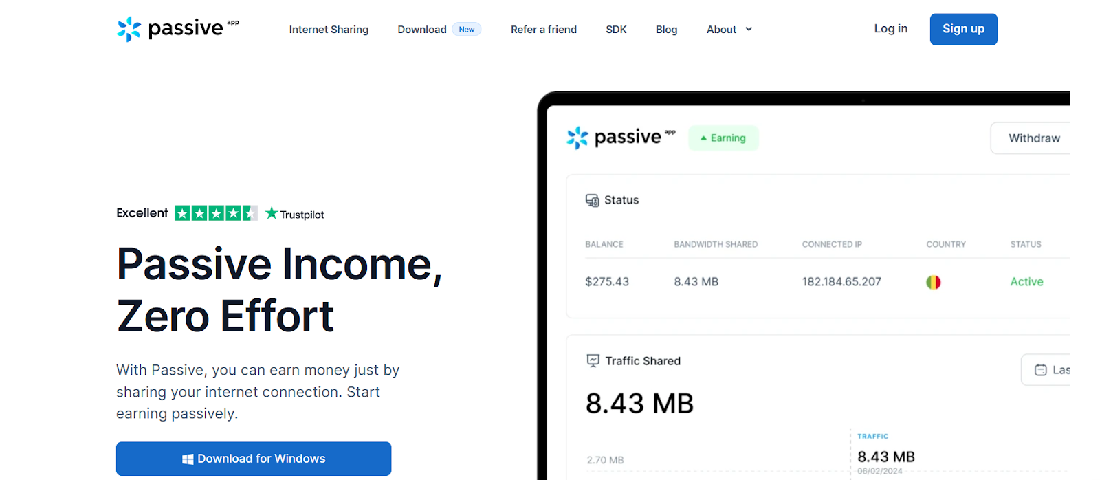 Homepage of Passive App.