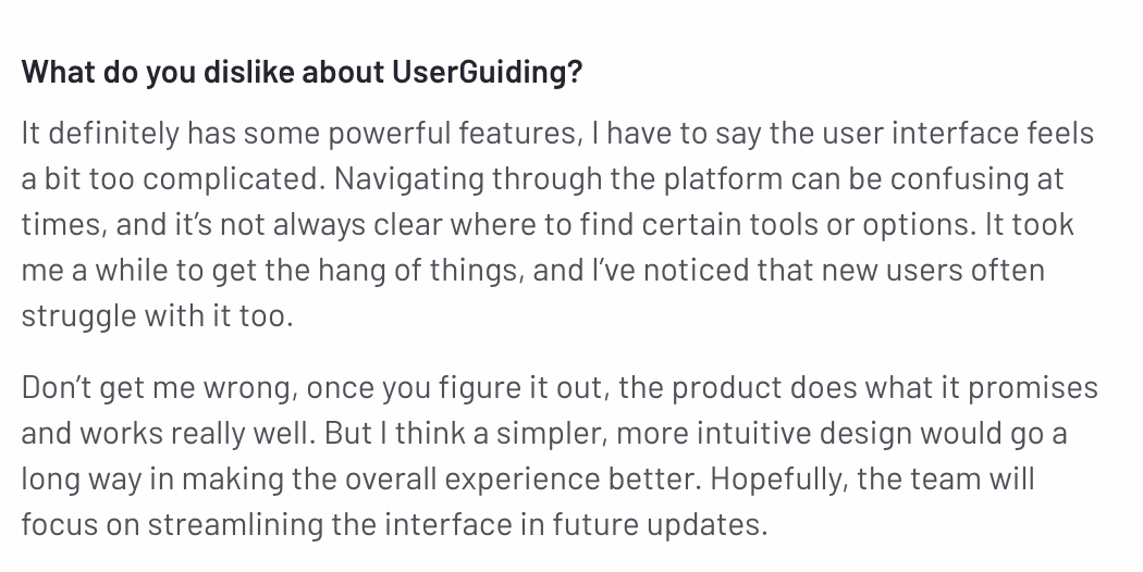 Userguiding user's review on G2