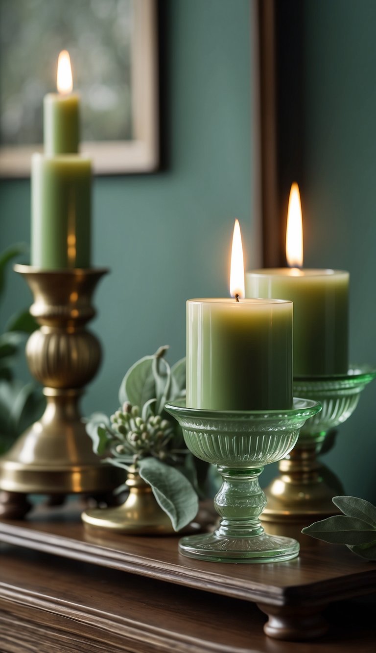 Sage green candle holders arranged on a dresser in a serene sage green bedroom