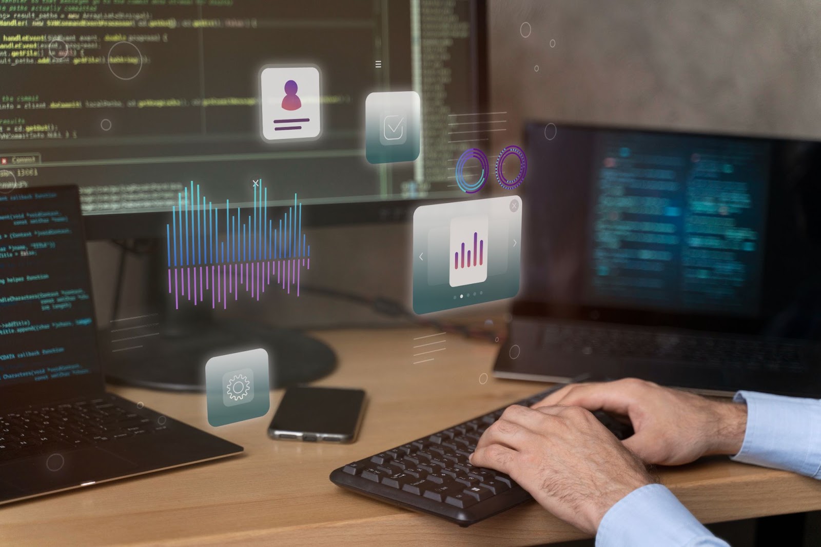 Person working on multiple screens with floating digital data icons.