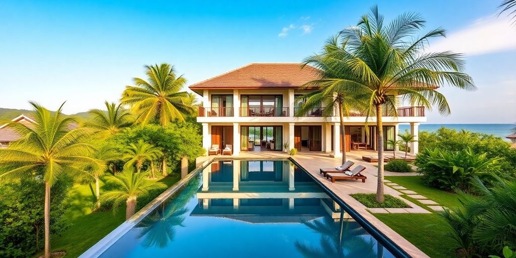 Luxury villa in Phuket with ocean view and pool.