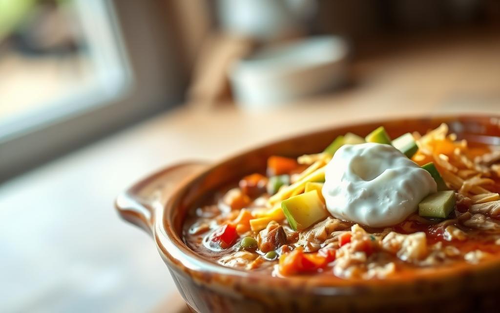 A comforting scene of a hearty chicken taco soup simmering in a rustic slow cooker. The foreground features a rich, tomato-based broth flecked with tender shredded chicken, vibrant vegetables, and a medley of warming spices. The middle ground showcases an array of toppings - crisp tortilla strips, shredded cheese, diced avocado, and a dollop of tangy sour cream. The background softly blurs, creating a cozy, homely atmosphere, lit by the gentle glow of a kitchen window. The lighting is natural and diffused, casting a comforting, inviting ambiance. The composition is balanced, with the soup bowl taking center stage, conveying the nourishing, satisfying nature of this classic comfort food.