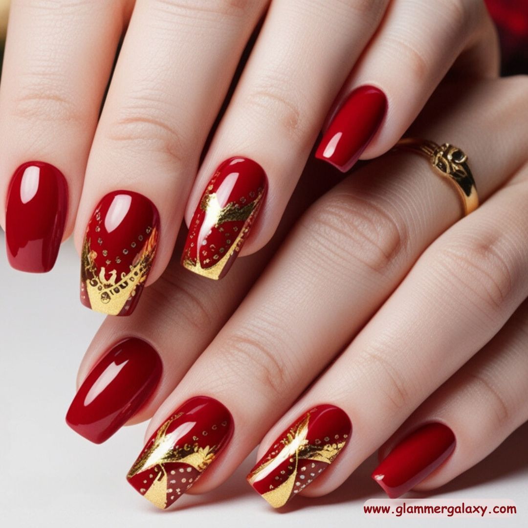 Red Winter Nail Designs having Red & Gold Elegance
