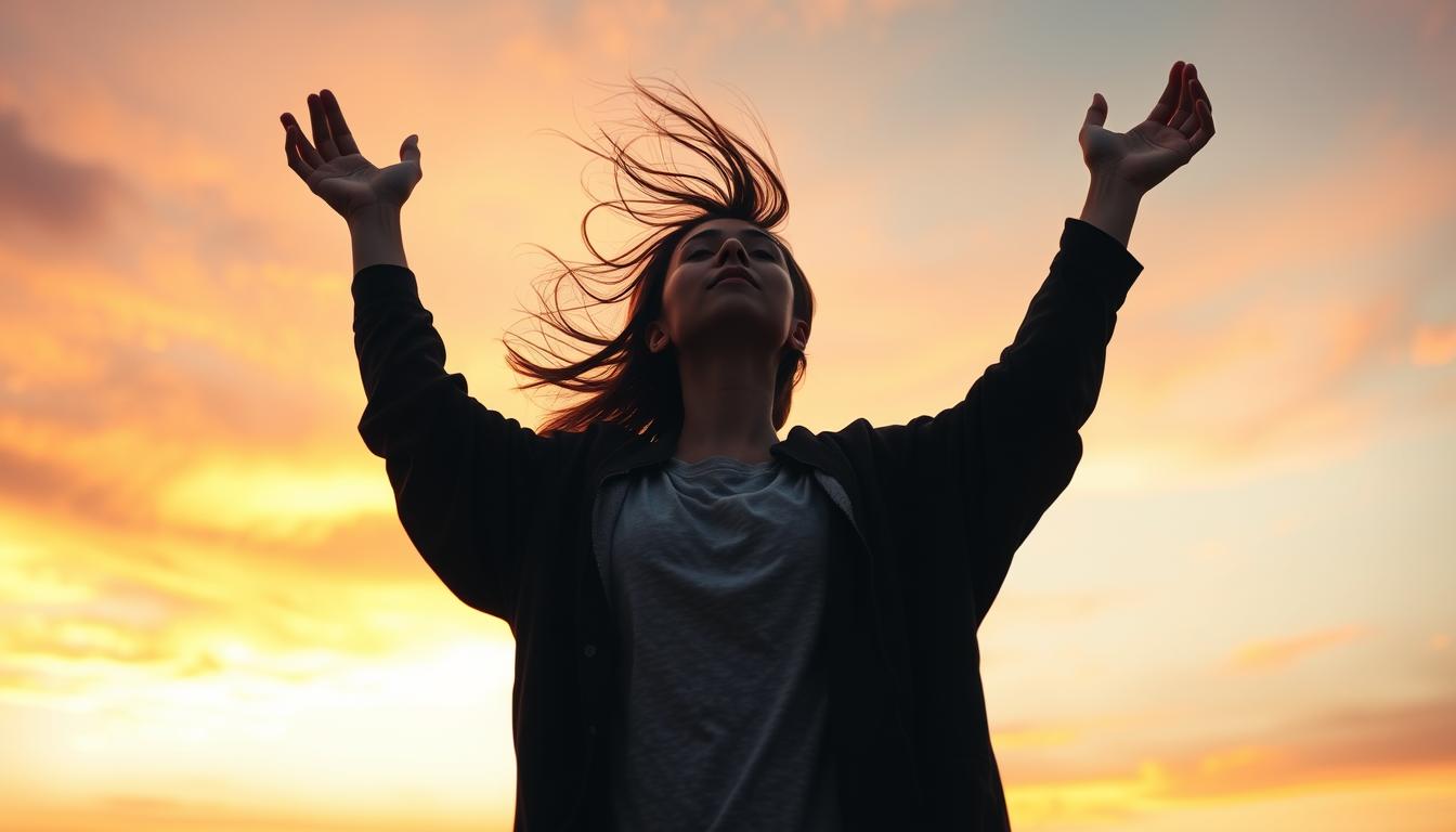 A person standing on the edge of a cliff, arms raised high as if in surrender. The wind is blowing their hair back and they have a serene expression on their face. The background is a beautiful sunset sky, with oranges and pinks blending together to create a peaceful atmosphere. The person's body language suggests they are letting go of control and embracing the present moment.