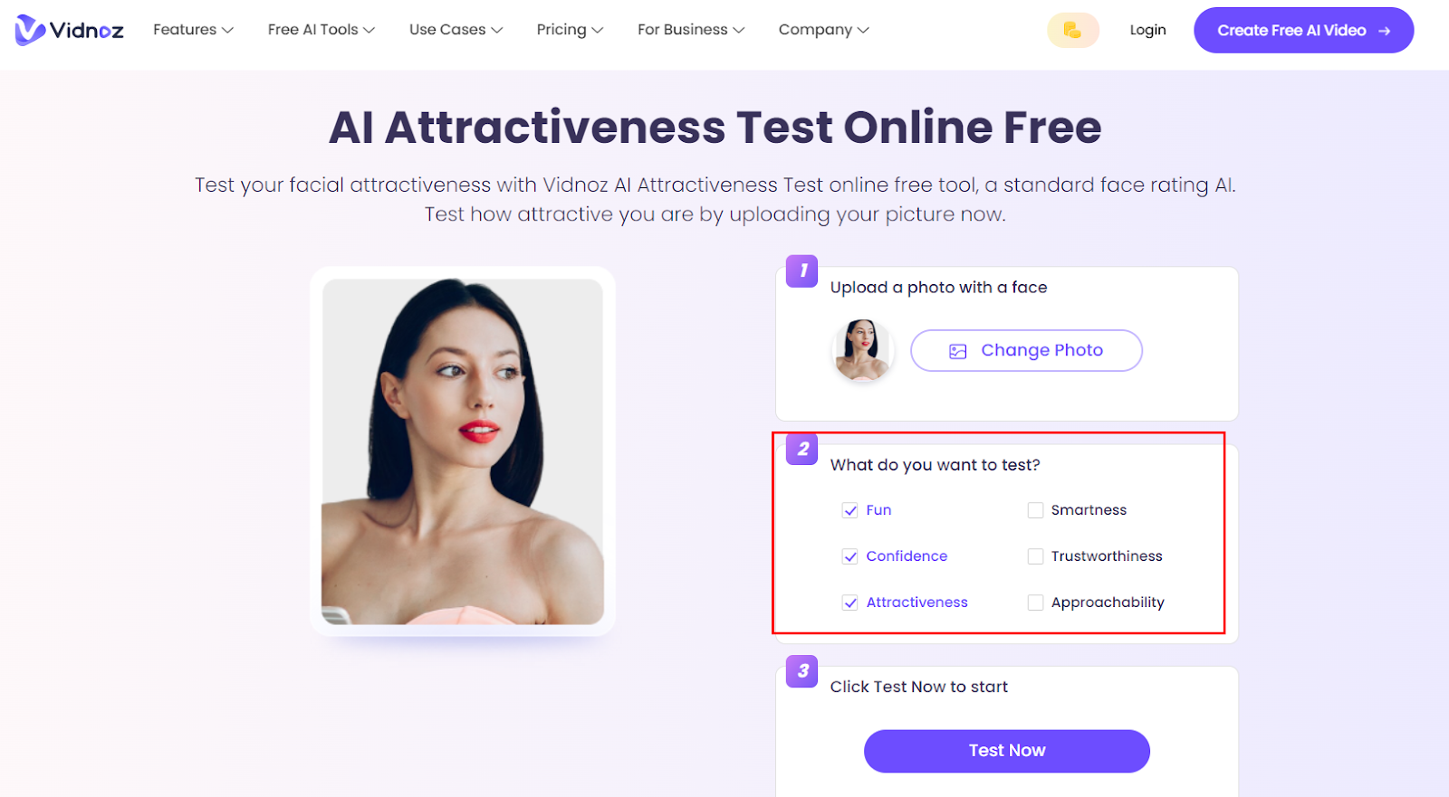 Step 2 of Using Vidnoz AI Attractiveness Test