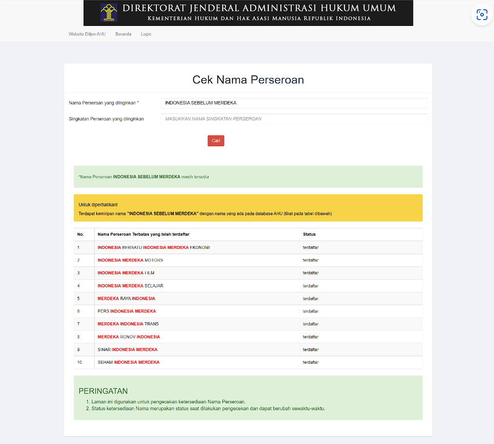 cek nama perusahaan terdaftar